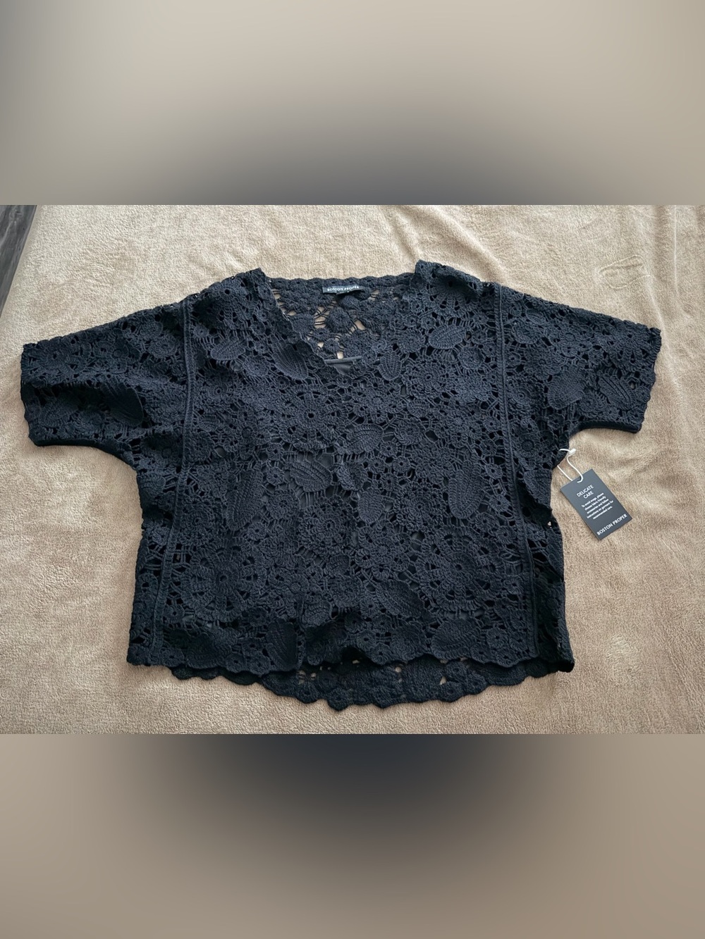 Black Crochet Floral Lace V-Neck Boxy Top
